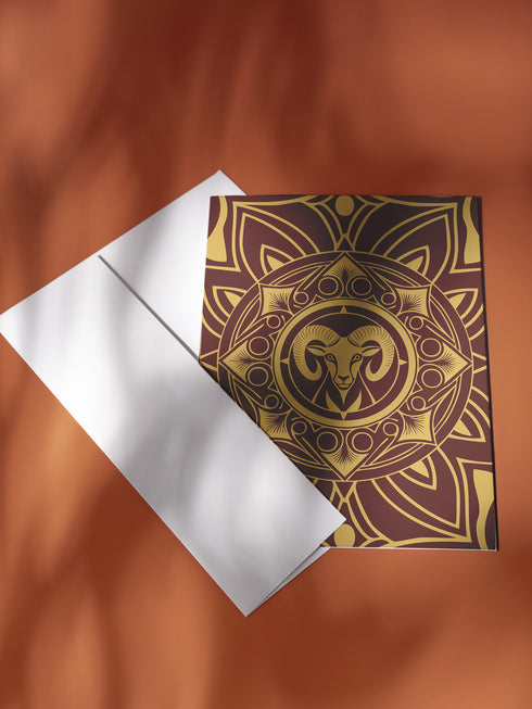 Luxurious burgundy and gold Art Deco birthday card featuring stylized Ram design with geometric patterns. Contains Aries fire ritual. Perfect for astrology enthusiasts who appreciate bold, sophisticated artwork.
